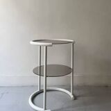 Tubular space age serving table in white metal and pink smoked glass, 1970s design