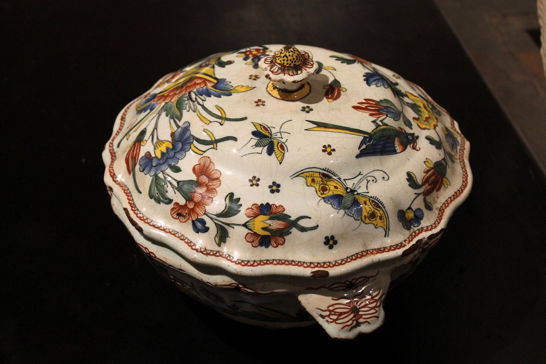Antique French Faience Lidded Bowl Tureen Hand Painted with Flowers and Insects