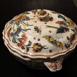 Antique French Faience Lidded Bowl Tureen Hand Painted with Flowers and Insects