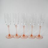 Set of 5 luminarc champagne flutes with pink feet 1970