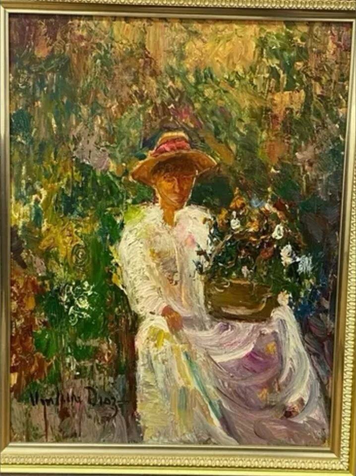 Portrait d'une jeune femme, peinture à l'huile du XXe siècle