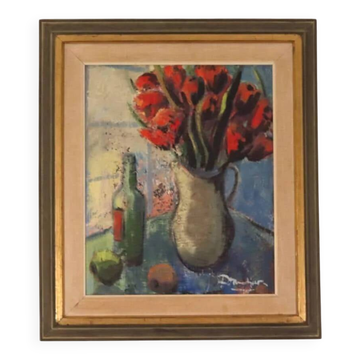 Bouquet rouge et bouteille de vin