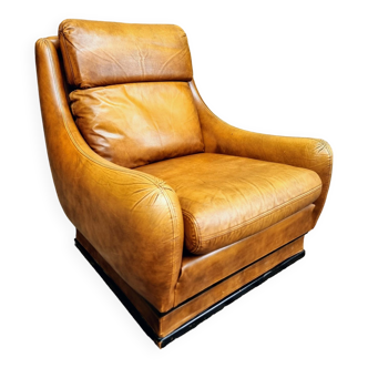 Fauteuil en cuir vintage couleur cognac français