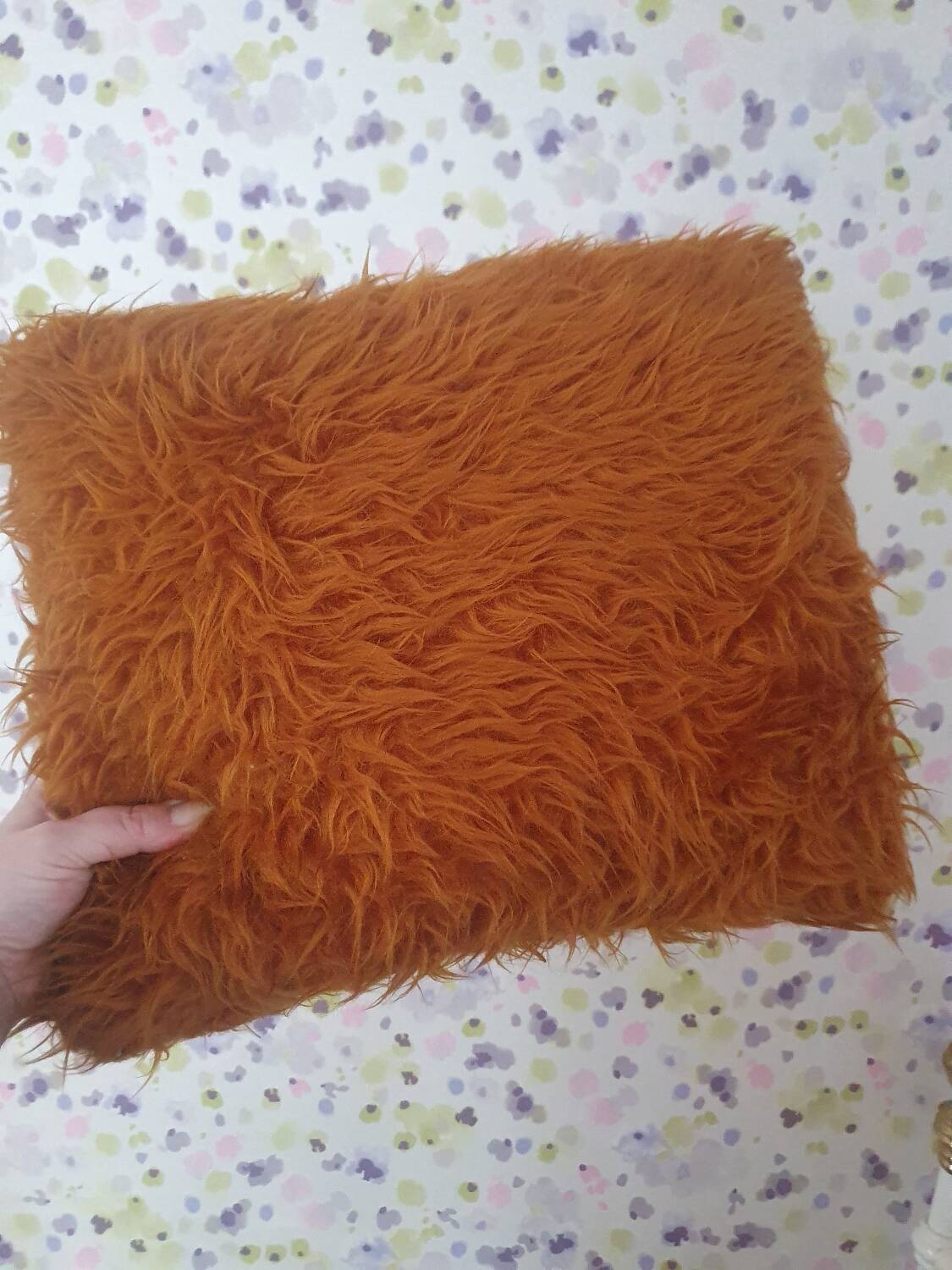 Faux fur cushion mustard yellow orange mustard vintage 70's