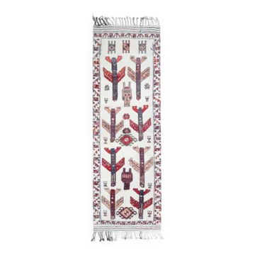 Tapis couloir vintage turc Oushak fait à la main en laine et coton blanc 111x343