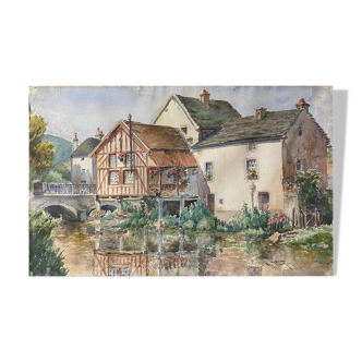 Watercolor Painting Maurice Thevenin (1895-1967) Val Suzon (21) La Chaumière