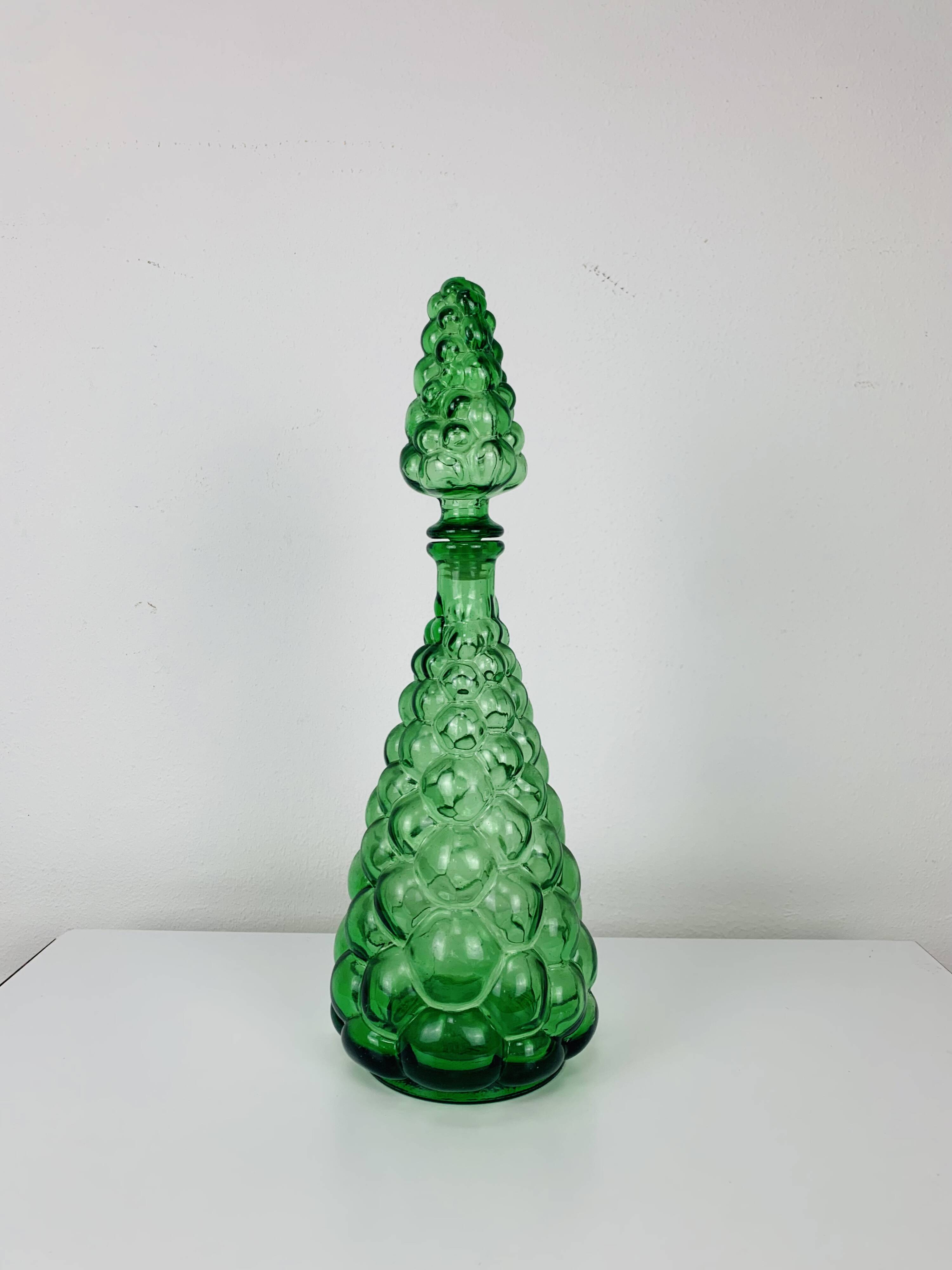 Empoli bubble green carafe 40 cm, Italian glass bottle