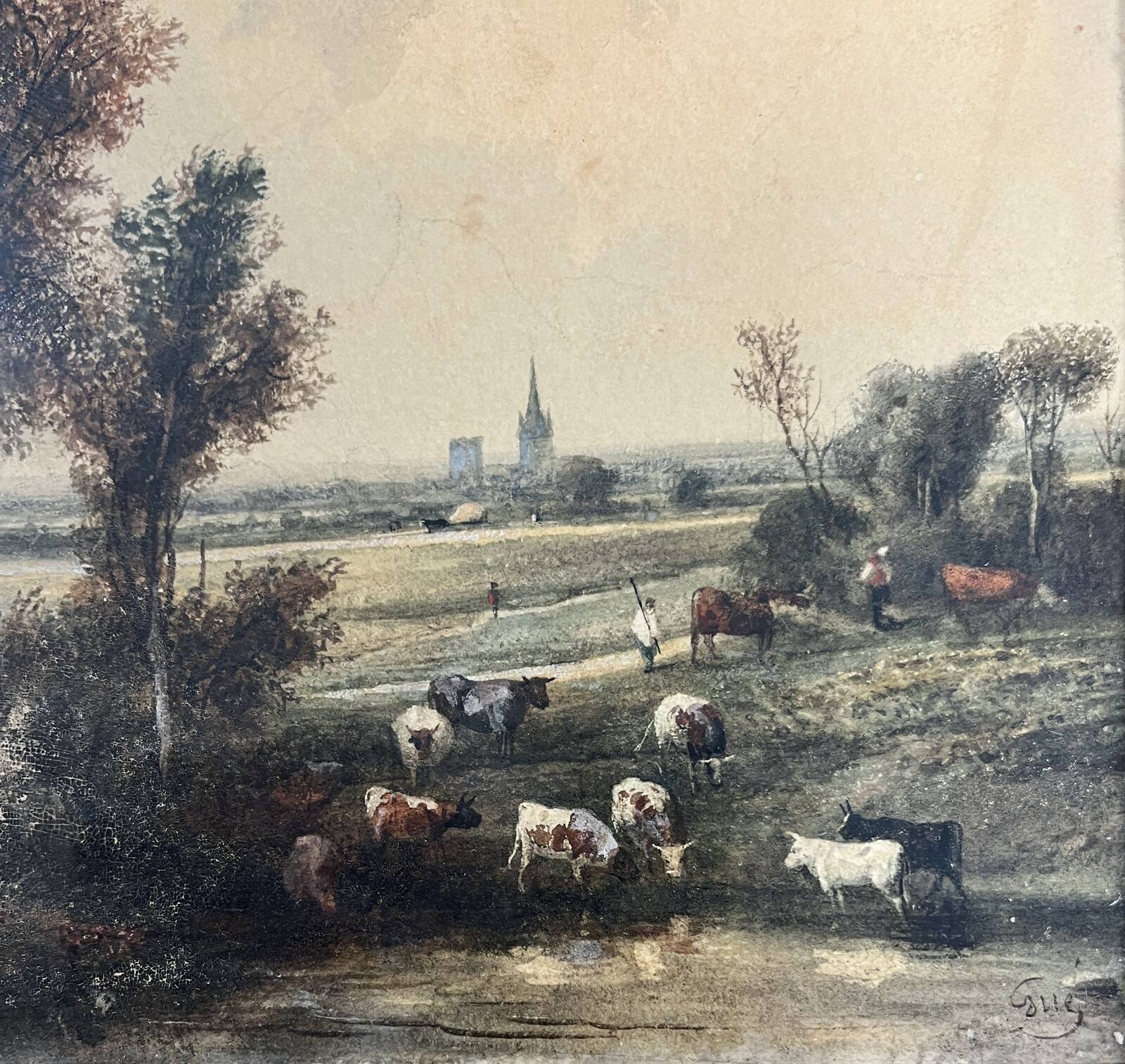 Watercolour "Masure and Herd" Jean-Marie Oscar GUÉ (1809-1877)