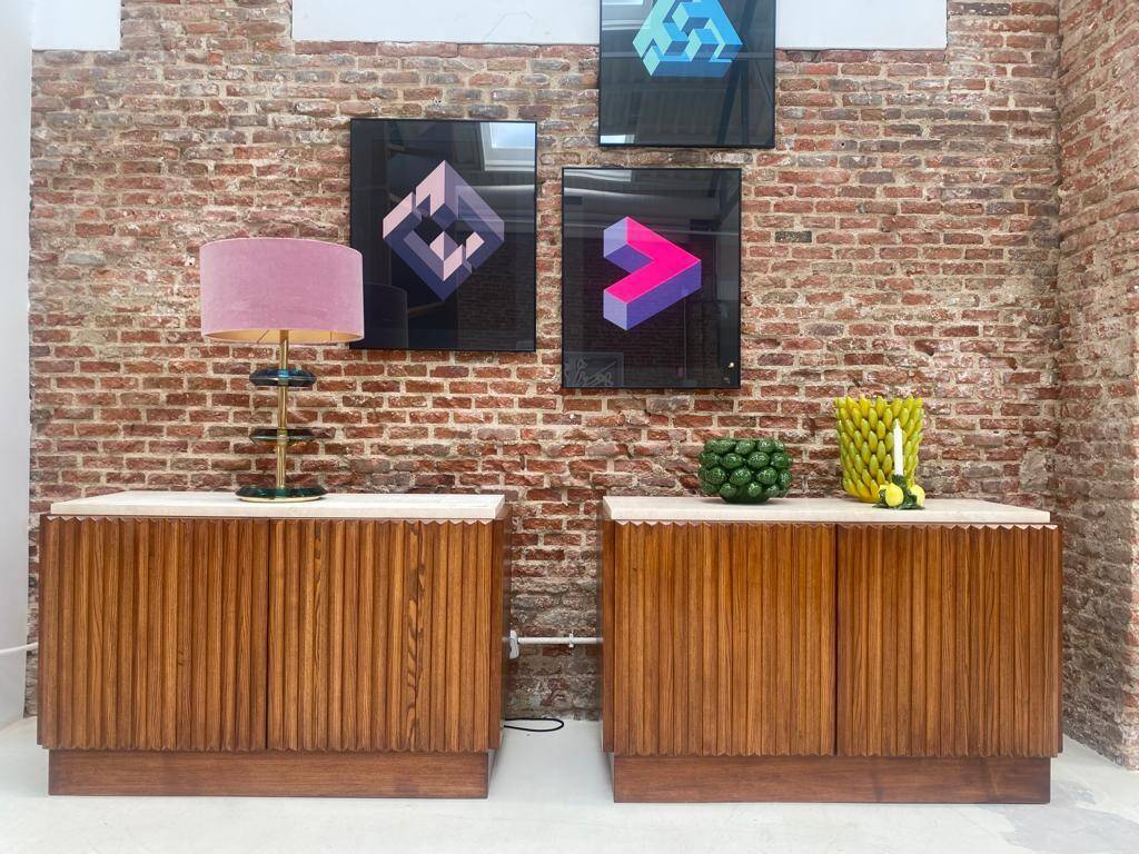 Contemporary Birch and Oak Sideboards with Travertine Top by LA Studio