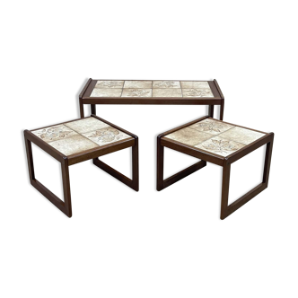 Teak trundle tables and tiled tops from the 70s