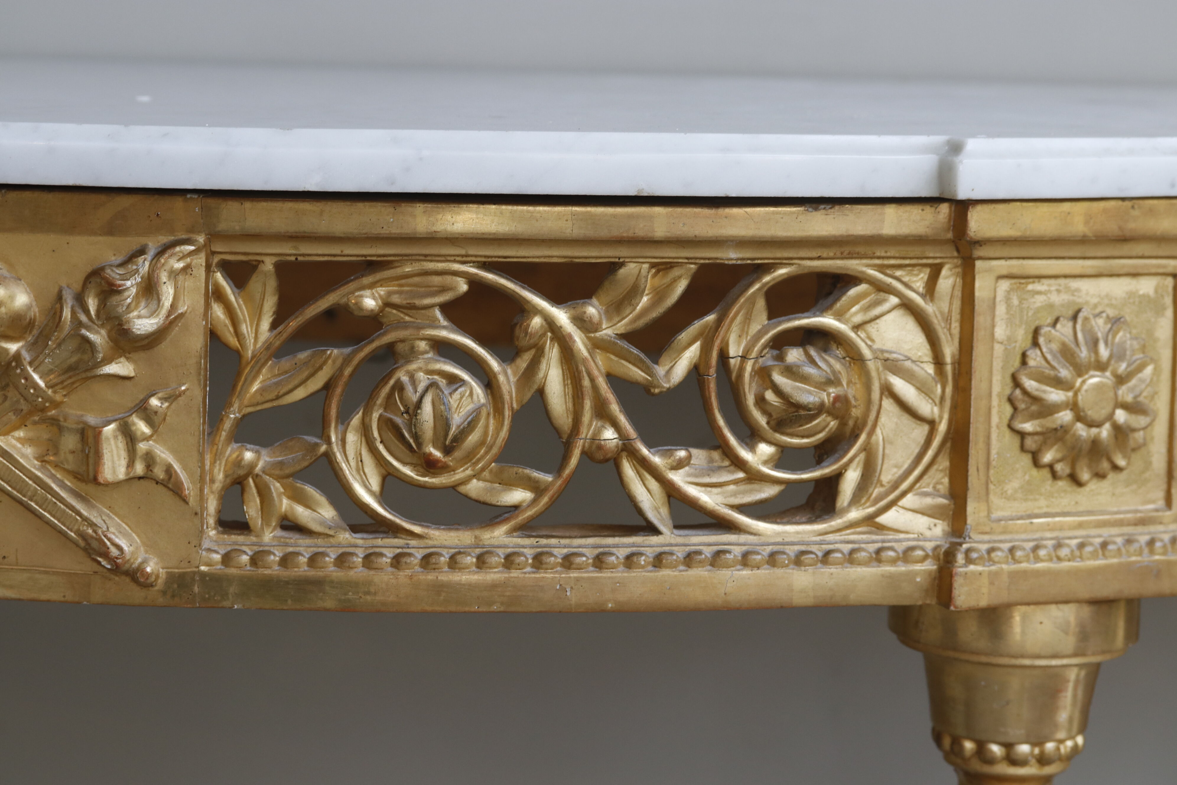 Louis XVI-style gilded wooden console, half-moon in shape