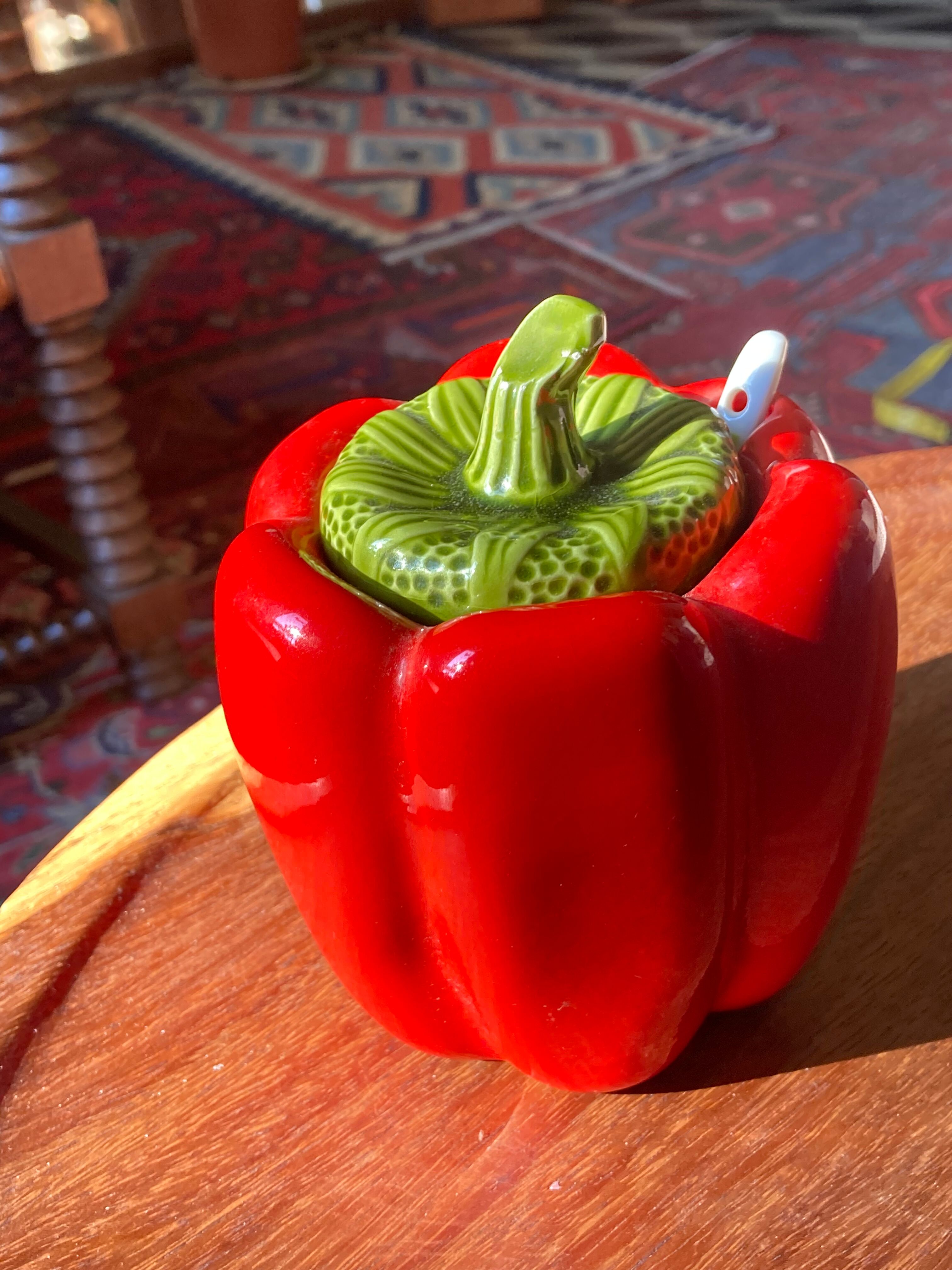 Vintage pepper slip / red and green ceramic covered pot / sugar bowl