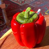 Vintage pepper slip / red and green ceramic covered pot / sugar bowl