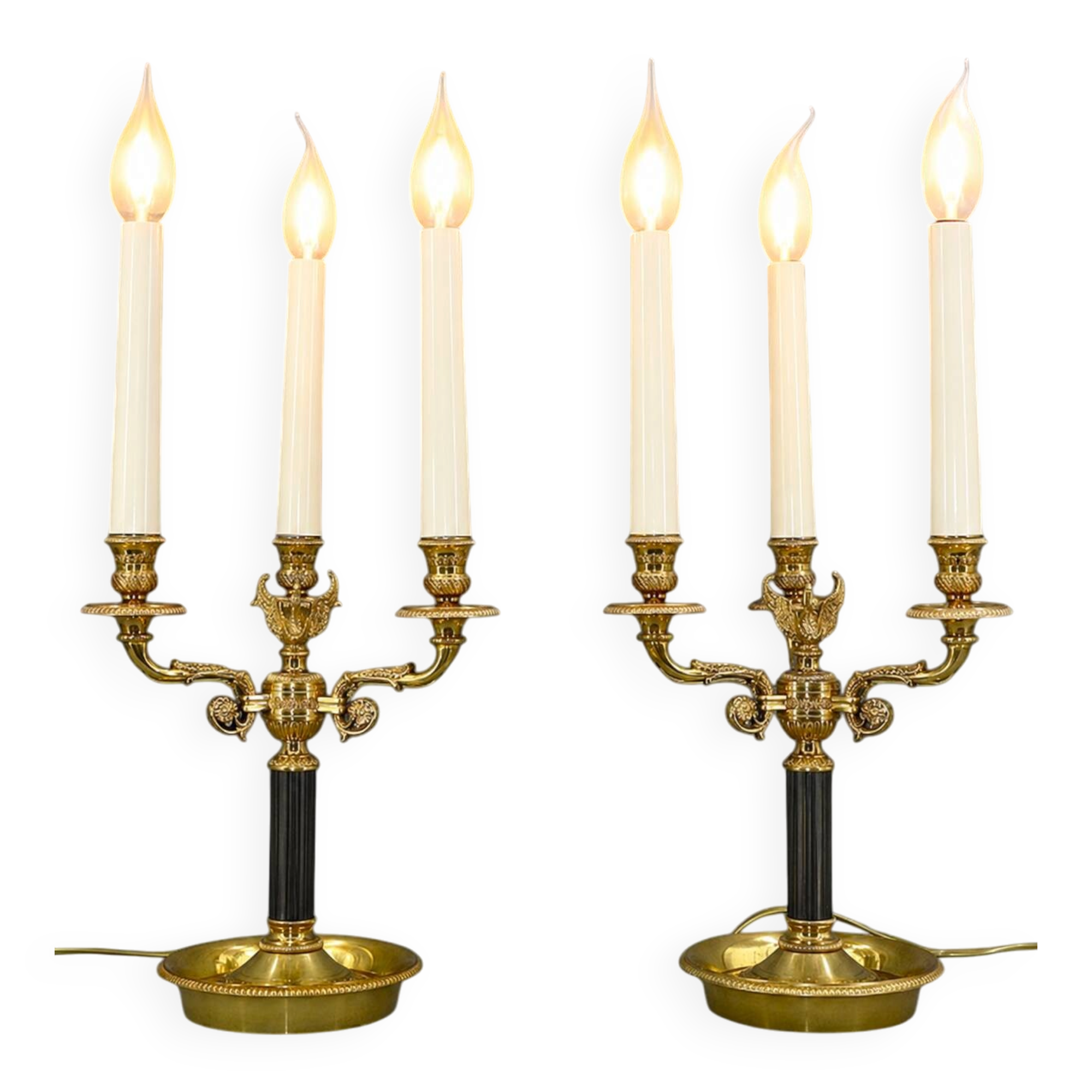 Pair of Chandeliers/Candelabra in Solid Bronze Empire Style Caramel Patina
