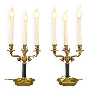 Pair of Chandeliers/Candelabra in Solid Bronze Empire Style Caramel Patina