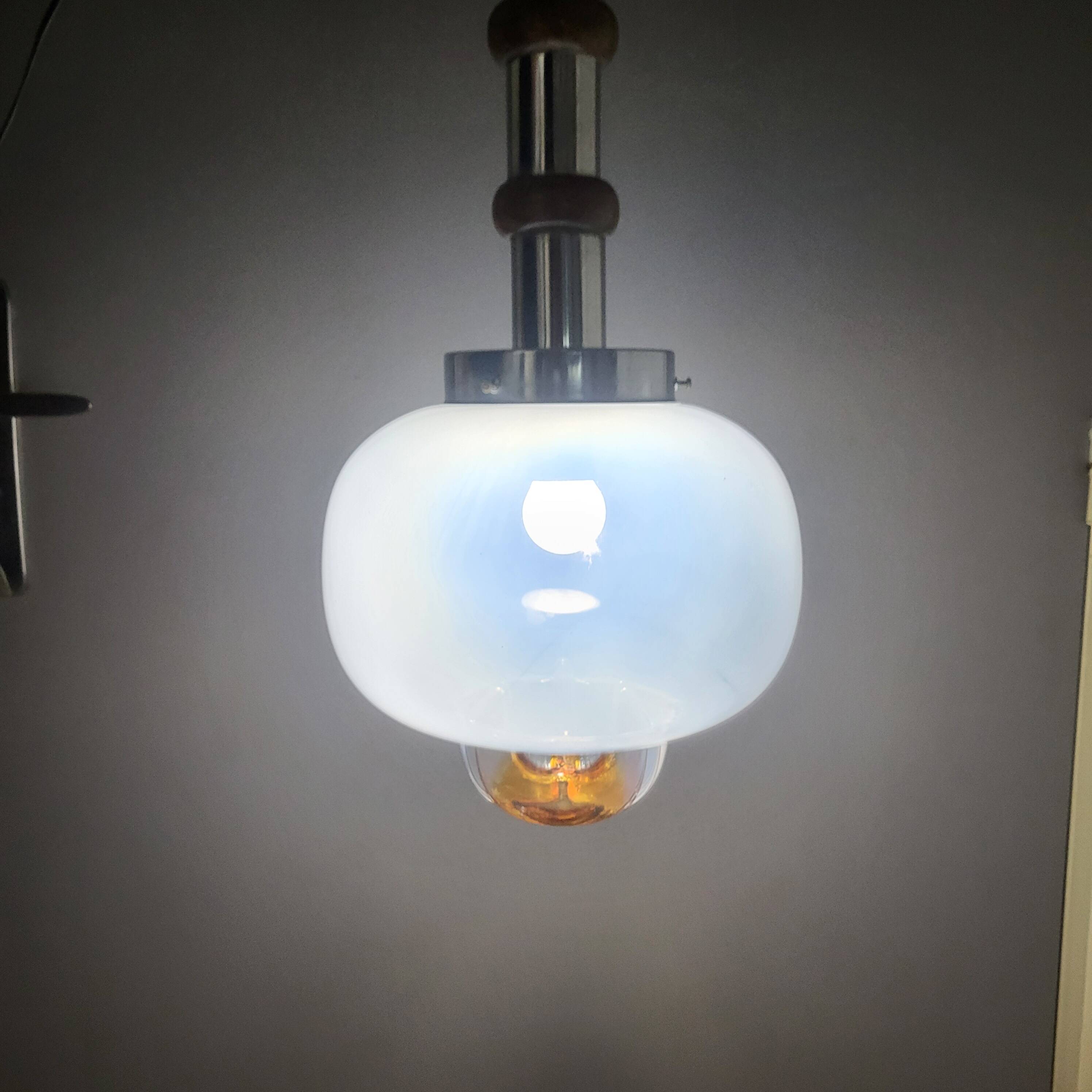 Mazzega glass and chrome mushroom pendant light, Murano, 1960-70, space age