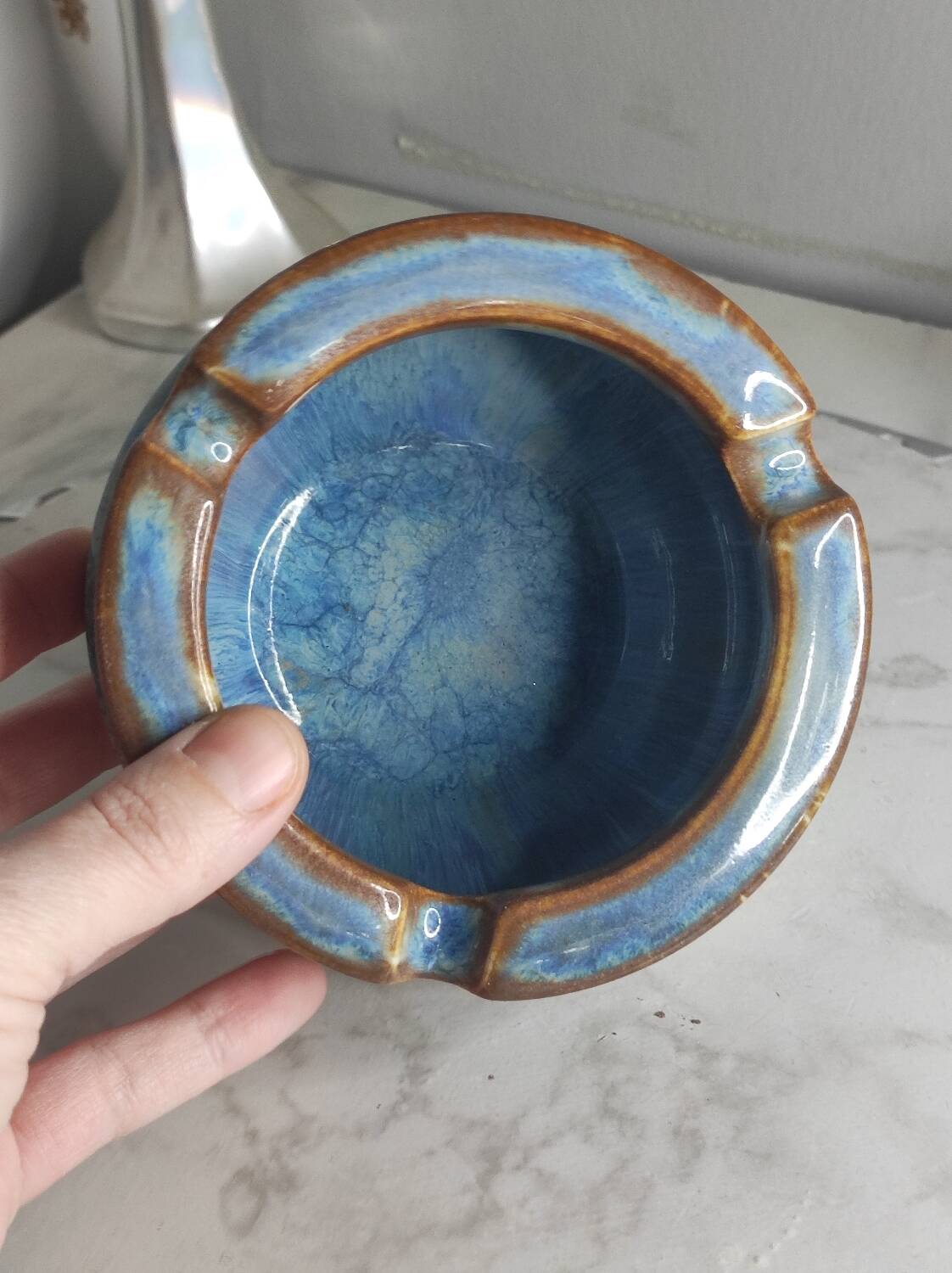 Blue glazed ceramic ashtray