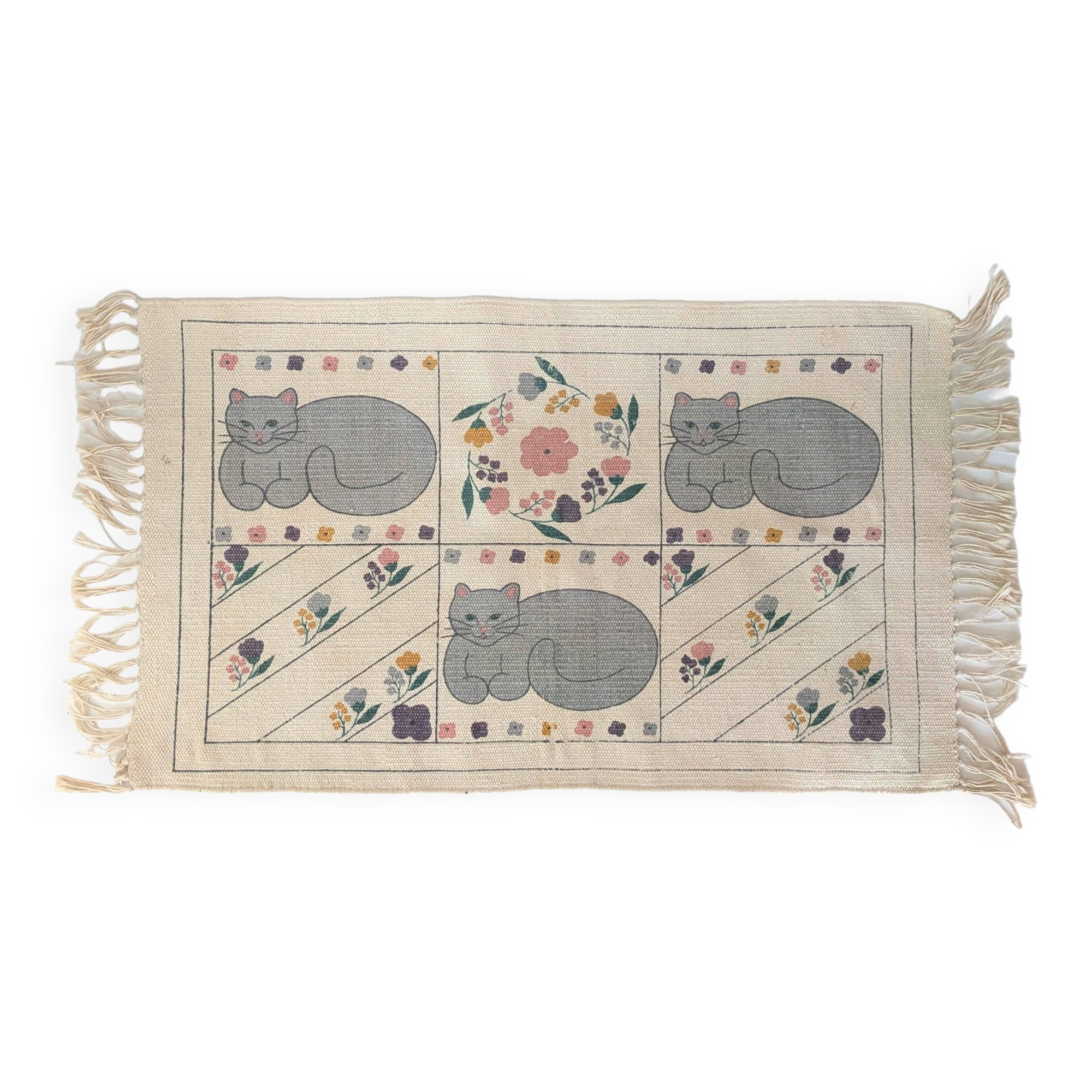 1980s handwoven cotton rug with a cat and flower pattern
