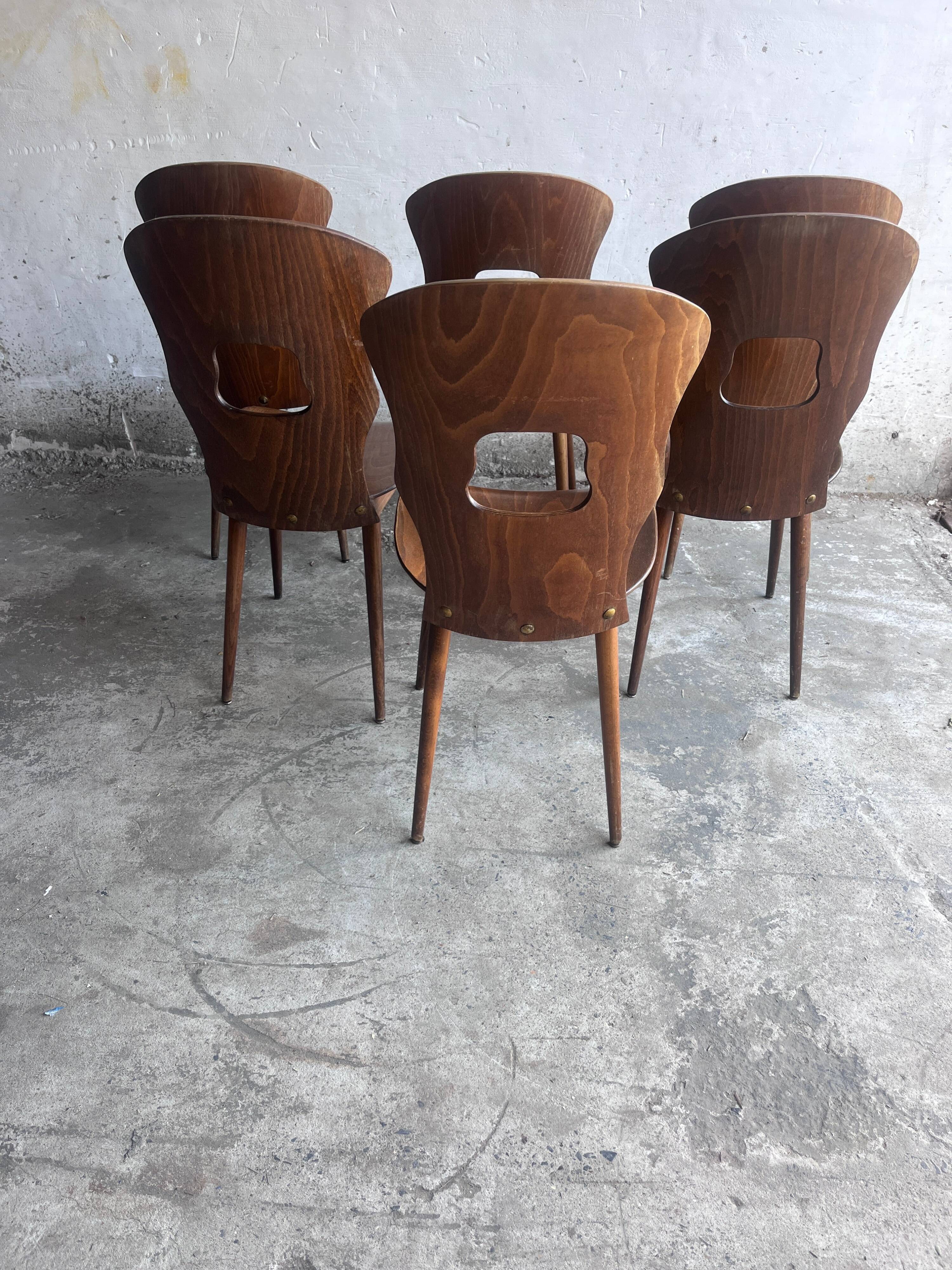 Set of six plywood dining chairs by Baumann, France, 1950s.