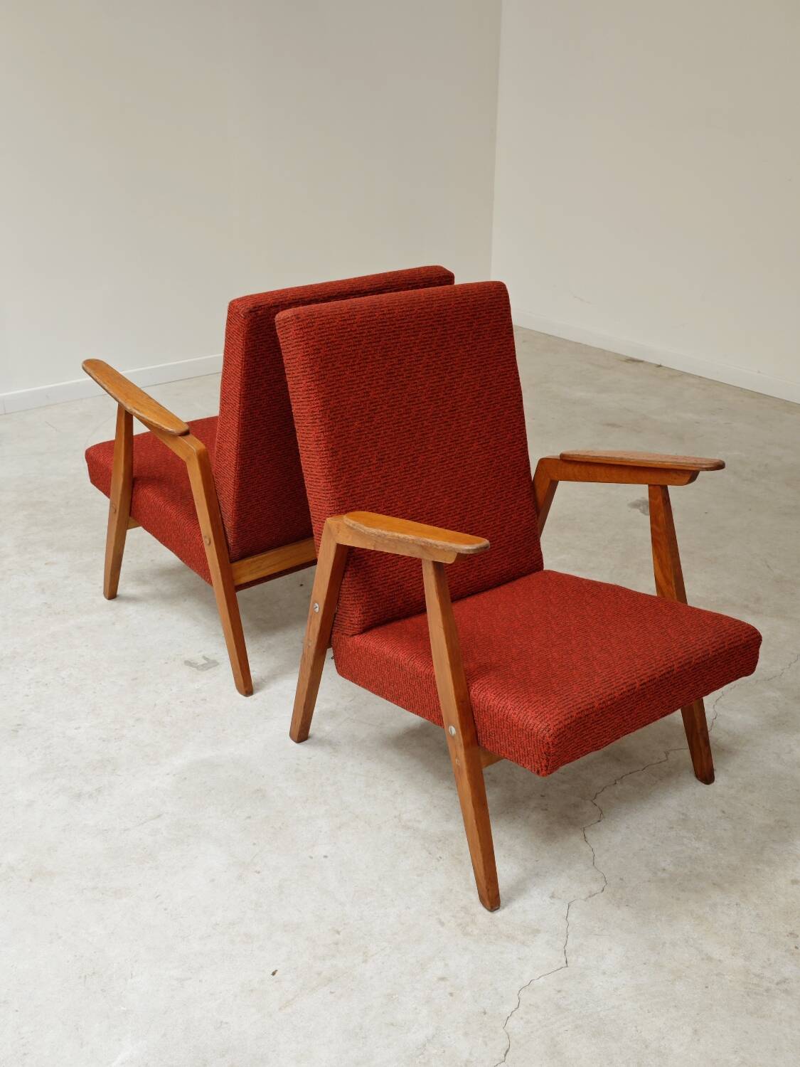 Pair of Uluv red Eastern Bloc armchairs, 1960s