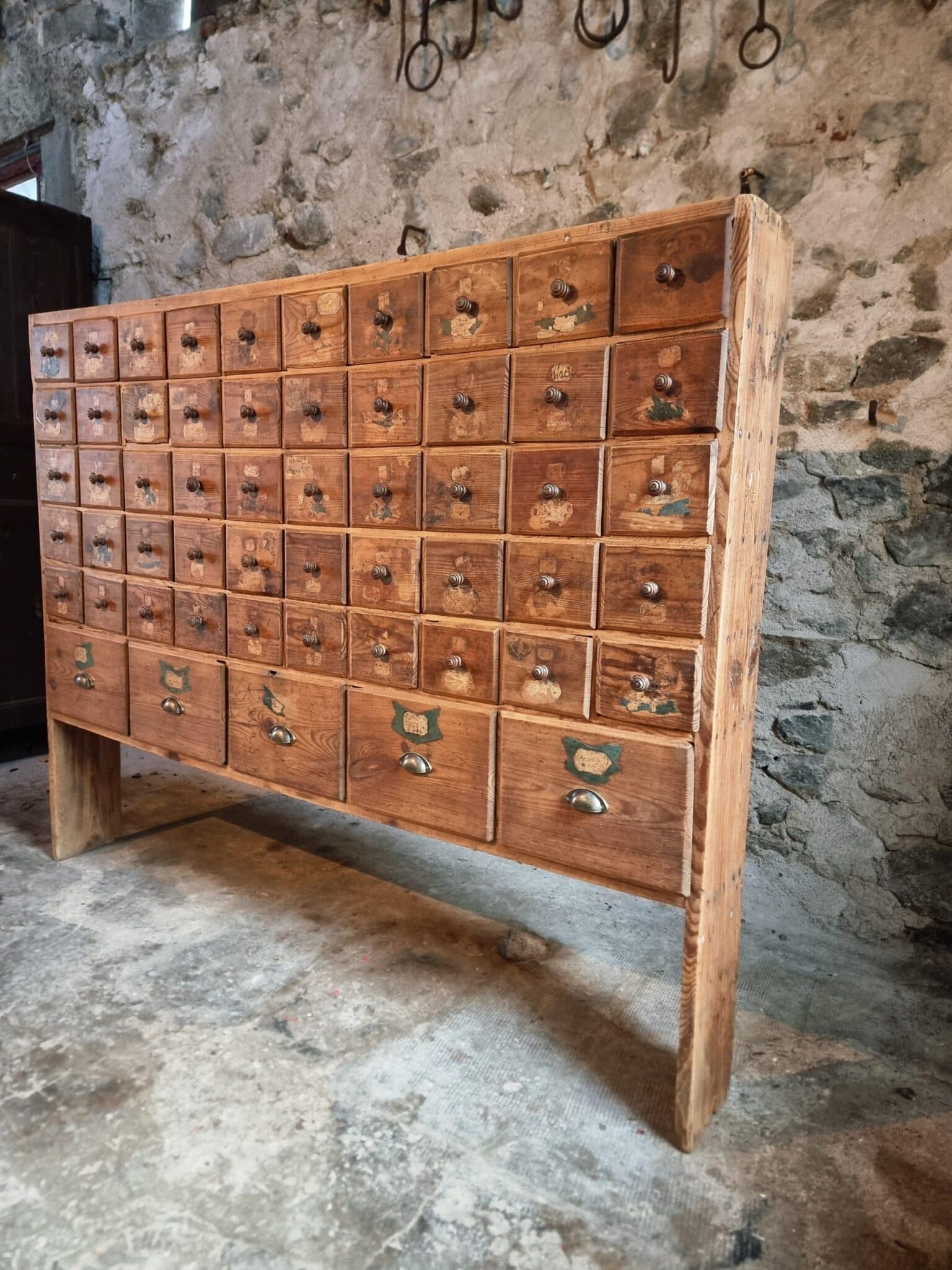 Antique pine drawer cabinet with 50 drawers, apothecary or hardware, 19th century