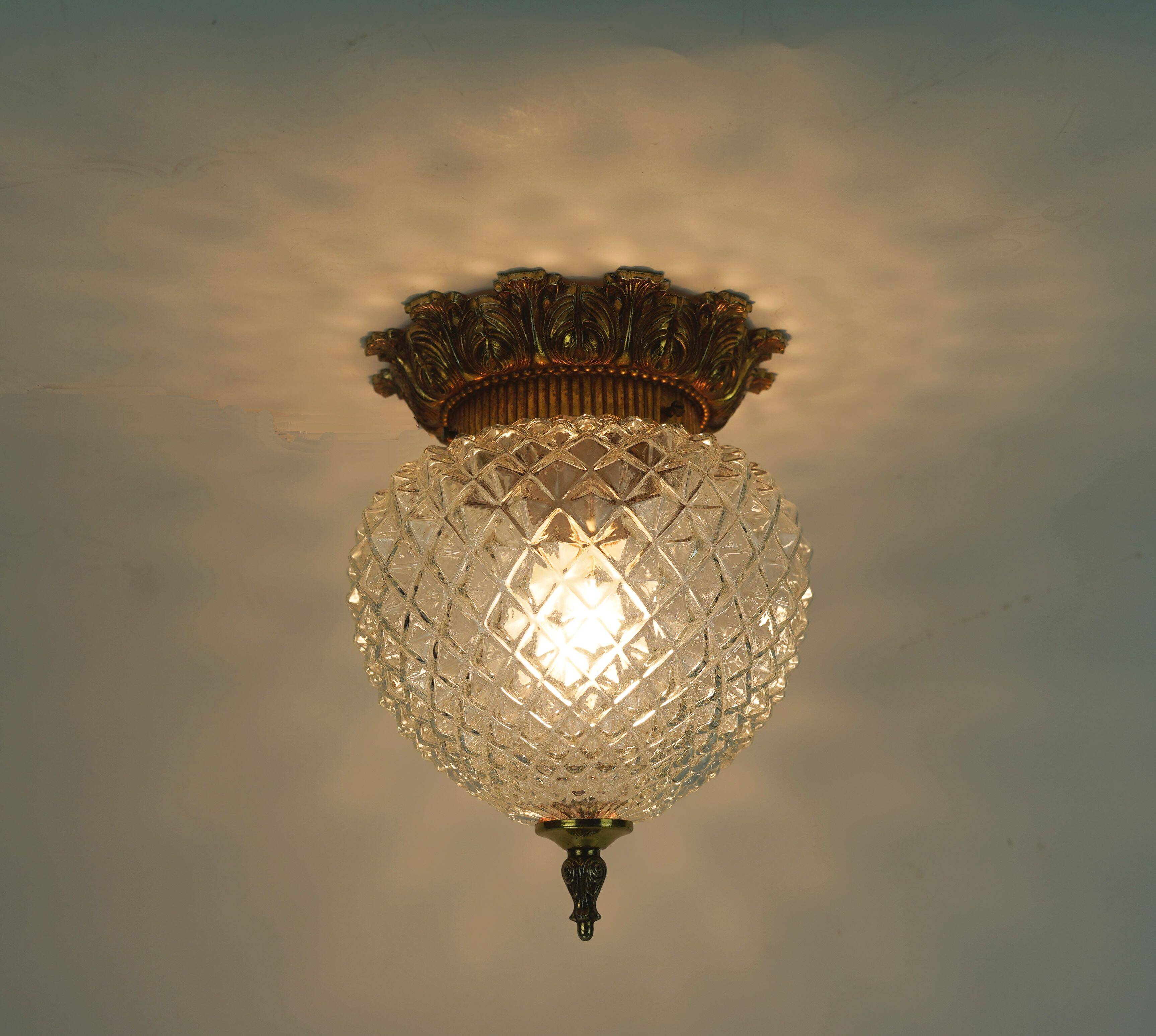 Midcentury ceiling light massive belgium textured glass gold-plated alu 70s