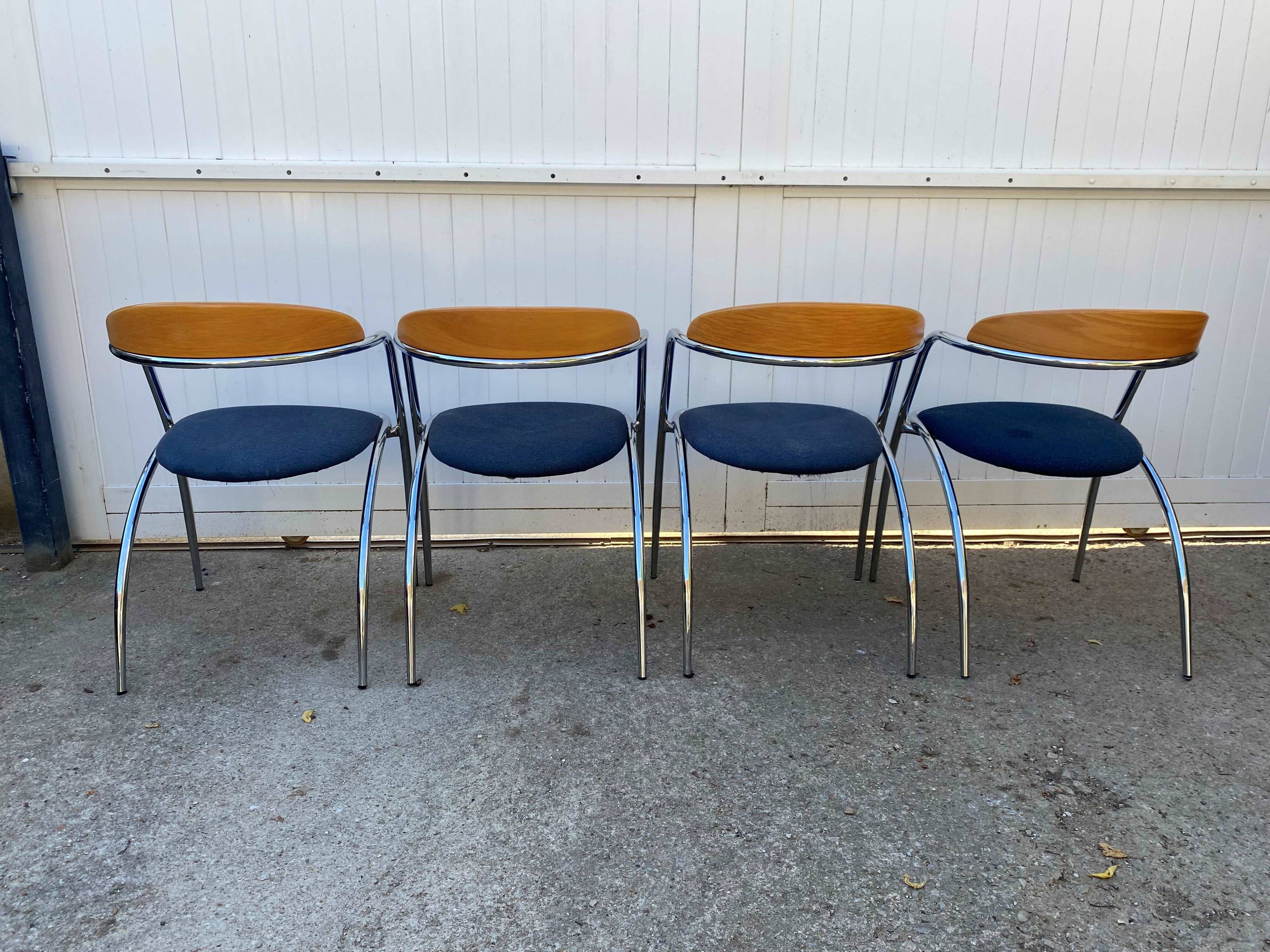 Set of 4 chairs with armrest Effezeta chrome blue fabric and wood an2000