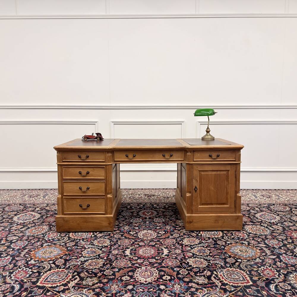 Bureau en teck anglais classique avec cuir marron