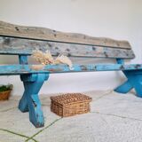 Outdoor bench in patinated blue solid wood