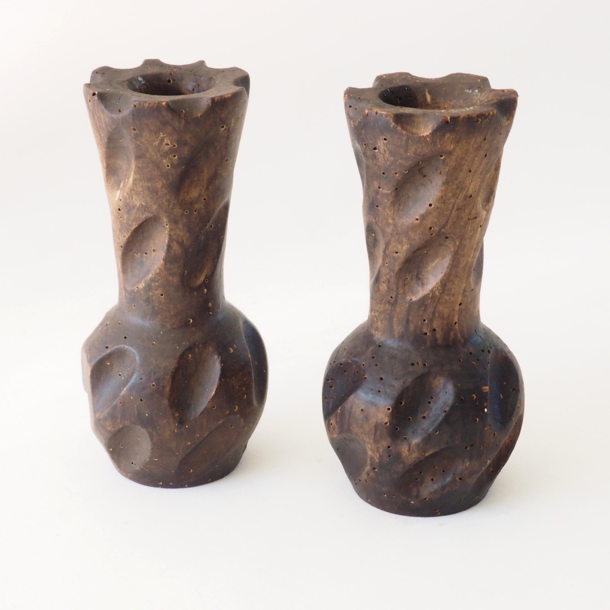 Brutalist wooden candlestick pair