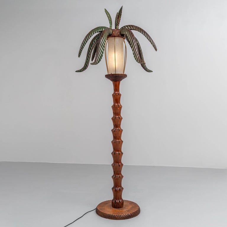 Palm floor lamp carved hand in wood and skin 1970s