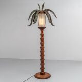 Palm floor lamp carved hand in wood and skin 1970s