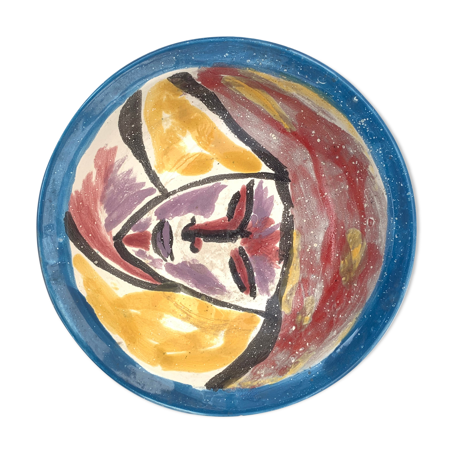 Hand-painted plate decorated with a colorful face 60s
