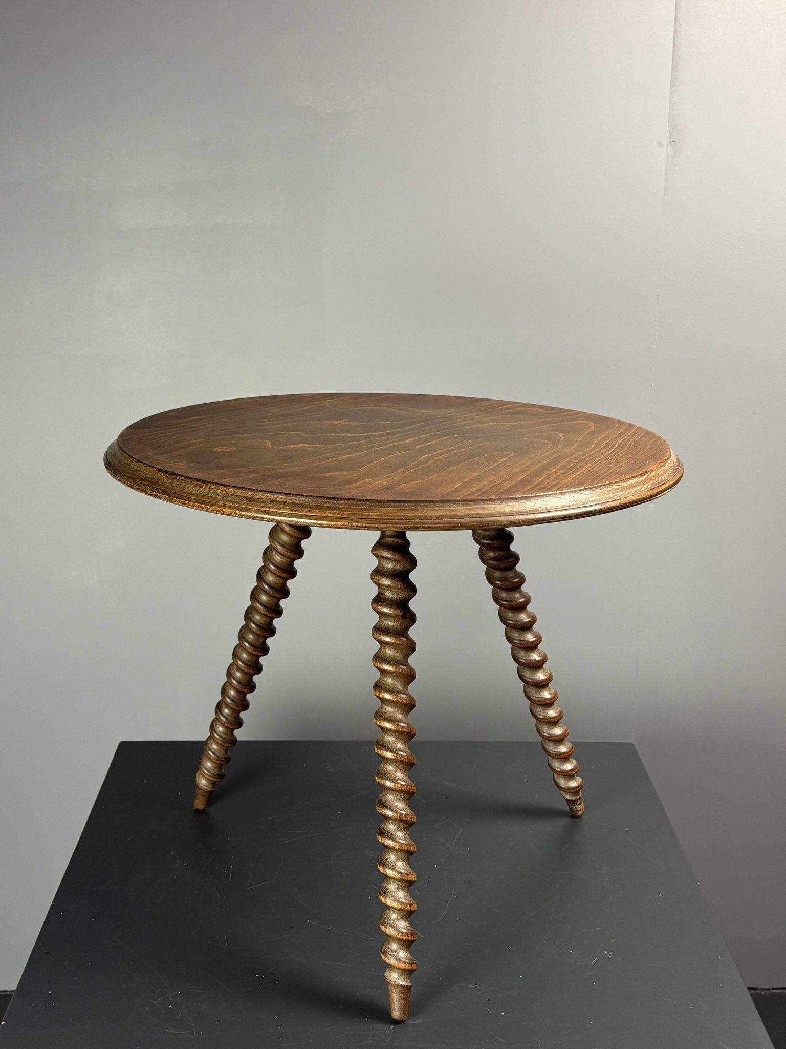 Midcentury wood turned barley twist side table with cork screw legs 1950s