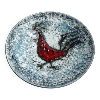 Large hollow ceramic dish signed Oliva – relief rooster decoration –