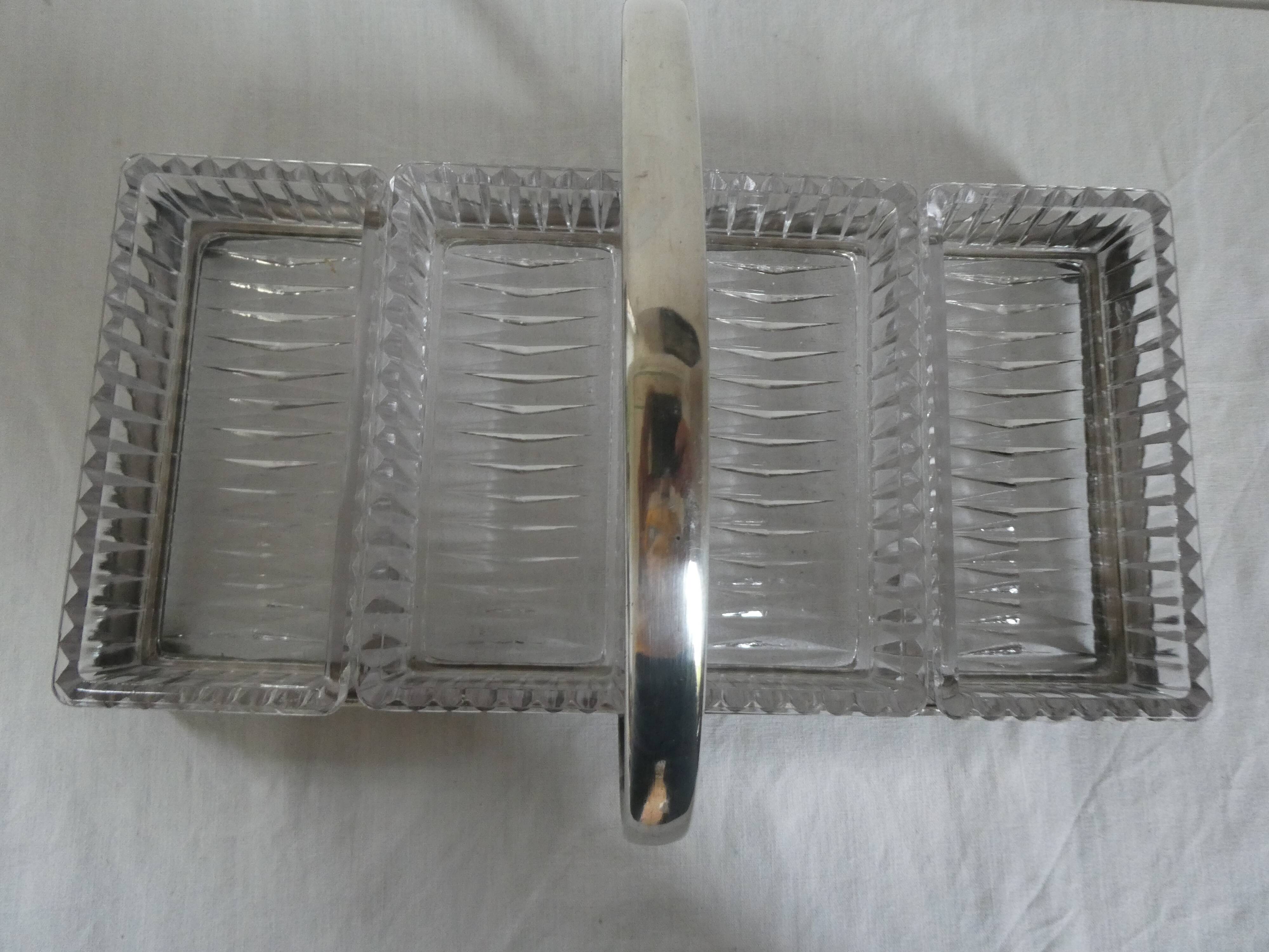 Silver metal aperitif server & 4 art deco glass ramequins/dishes