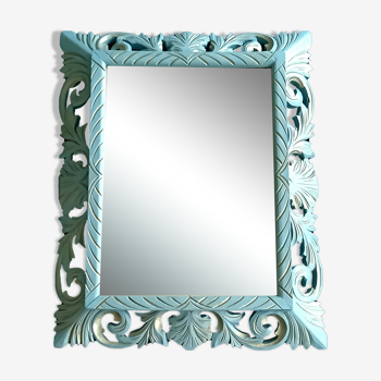 Miroir ancien style baroque sculpté – en bleu gustavien et or