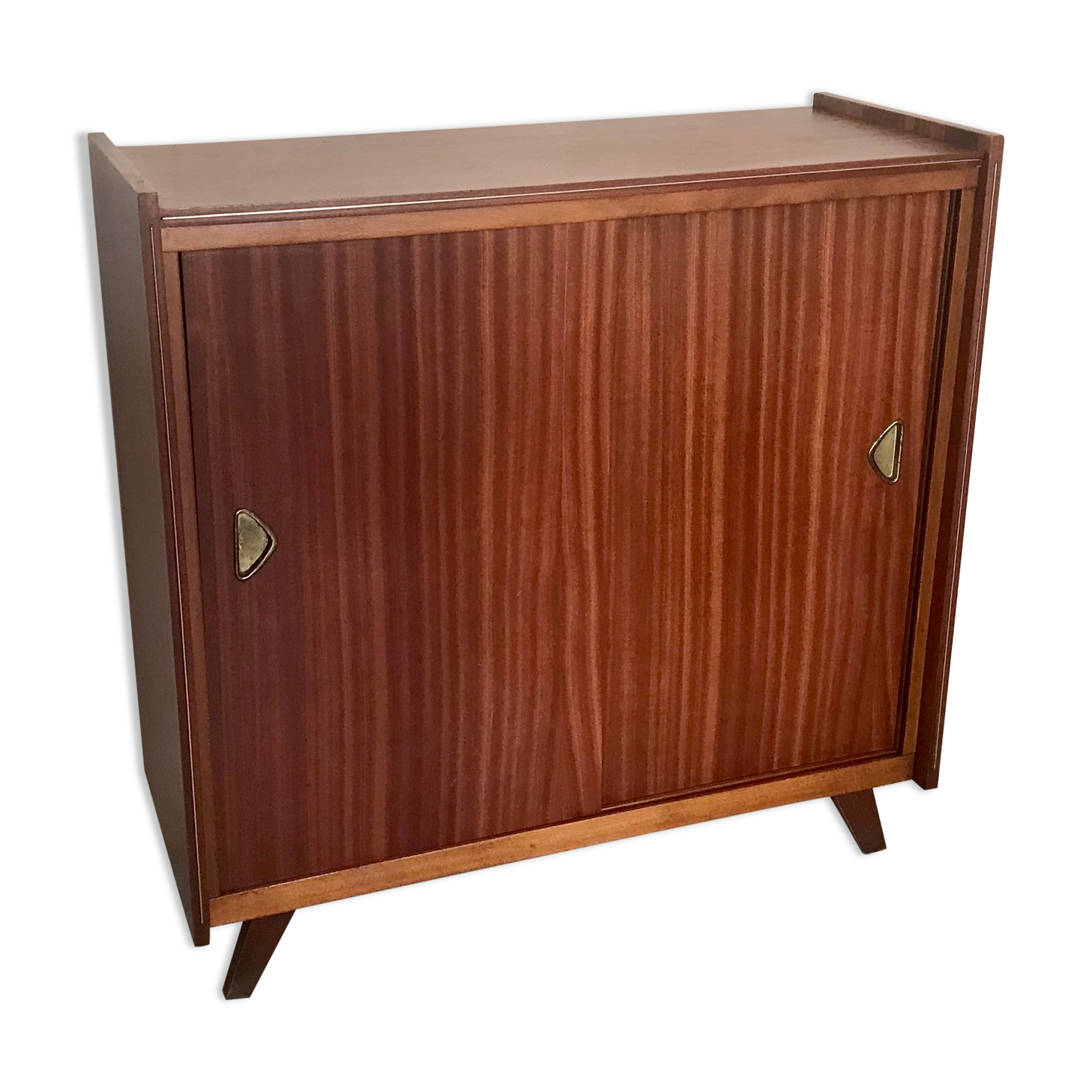 Vintage storage cabinet teak veneer sliding door compass feet