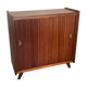 Vintage storage cabinet teak veneer sliding door compass feet