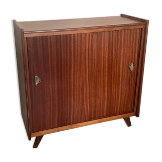 Vintage storage cabinet teak veneer sliding door compass feet