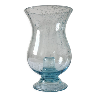 Photophore vase in light blue bubbled blown glass Biot vintage