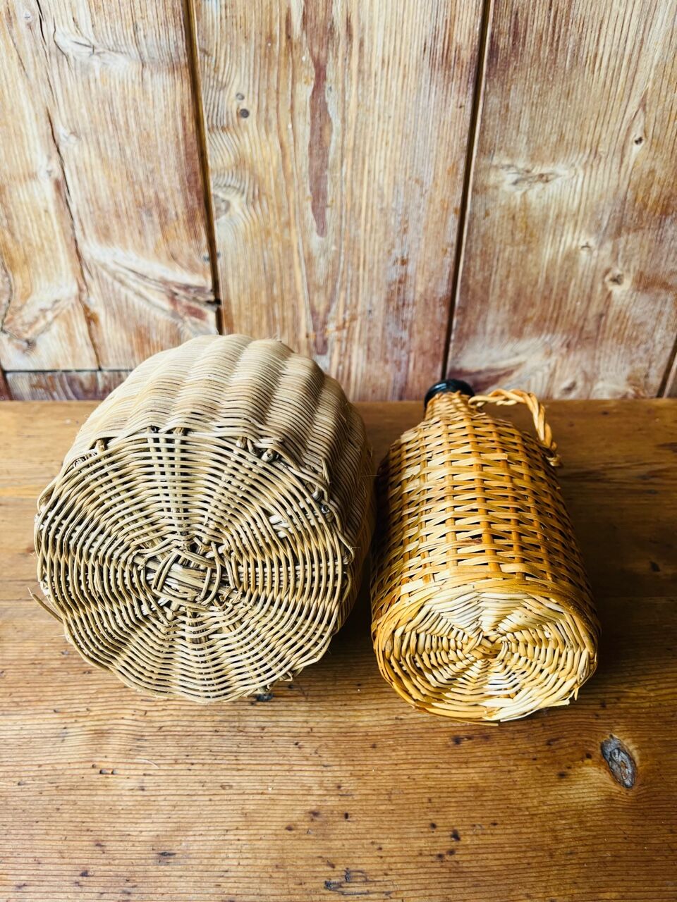 Vintage braided rattan bottle duo