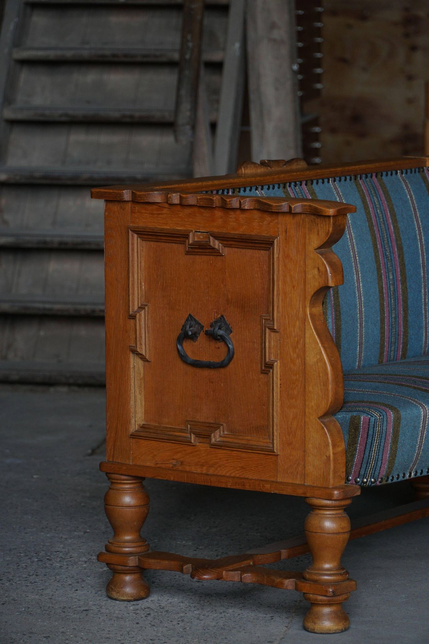 Oak canapé adorned with original upholstery, Nordic classicism, Sweden, 1930s.