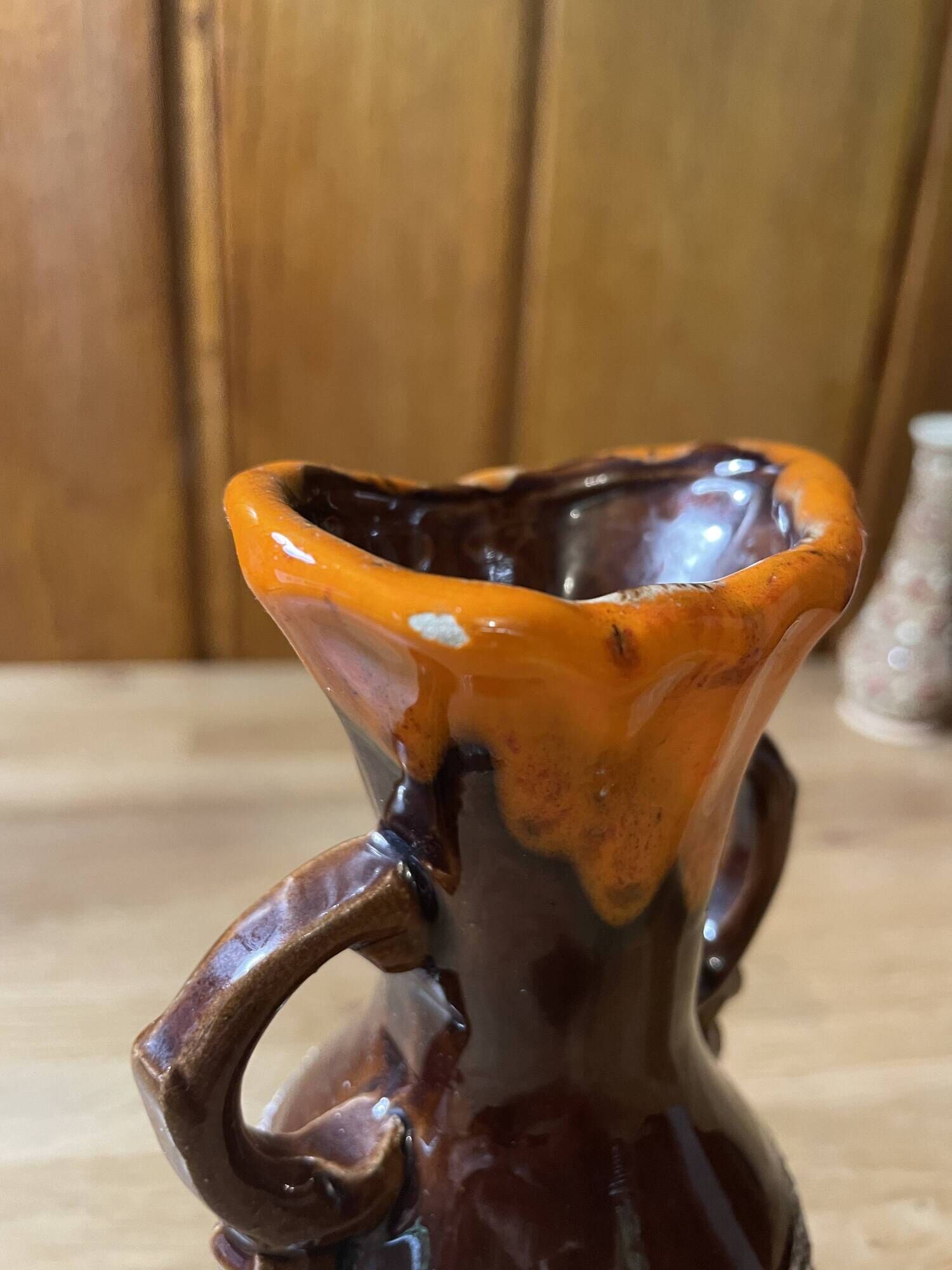 Small Vallauris ceramic vase orange brown and white 70s