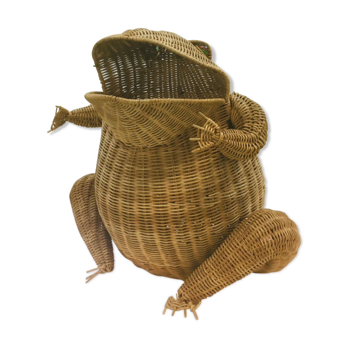 Olivier Cajan's frog magazine rack in 1975, wicker and rattan