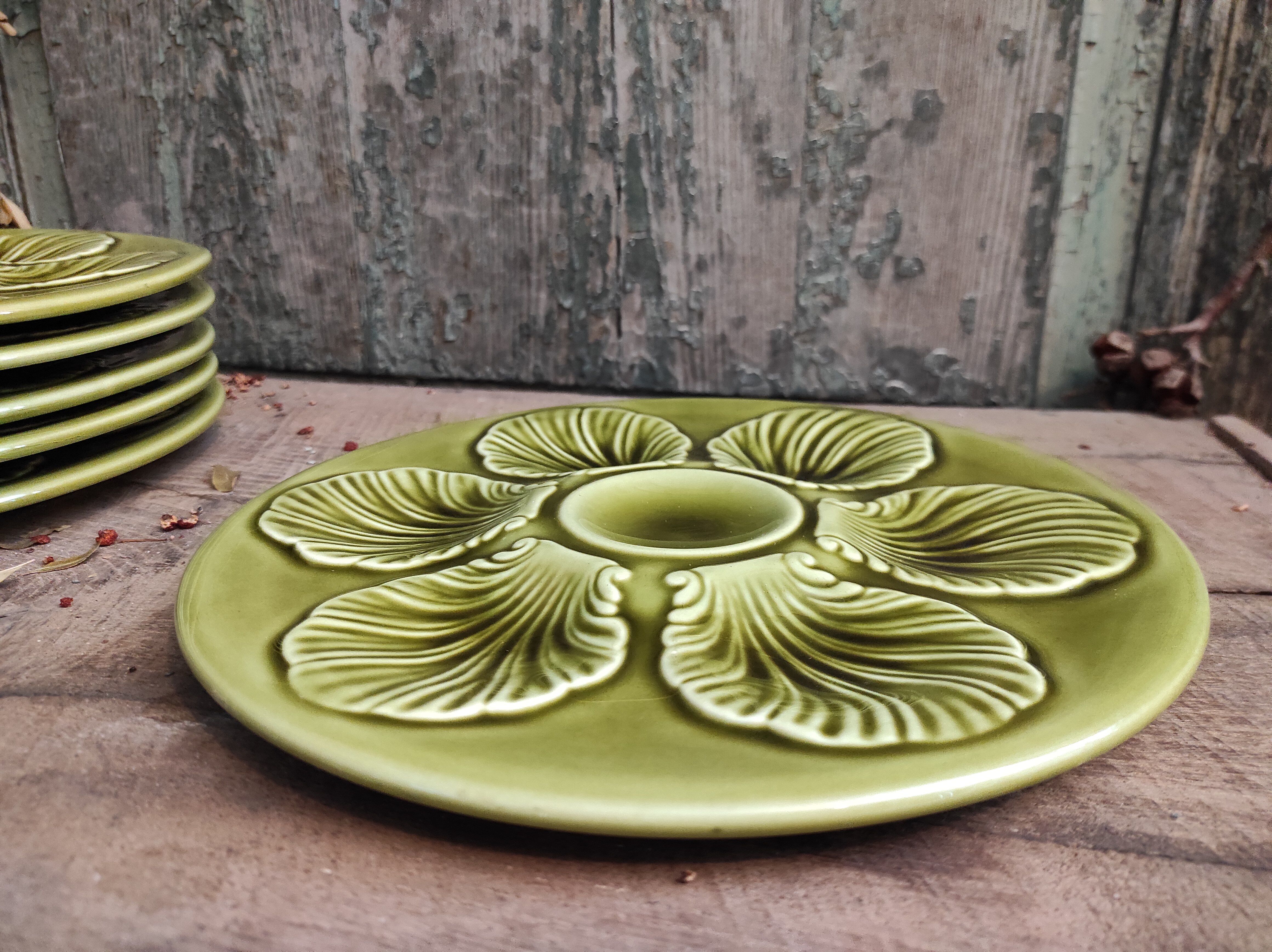 Vintage French Oyster Plate in grass green Majolica