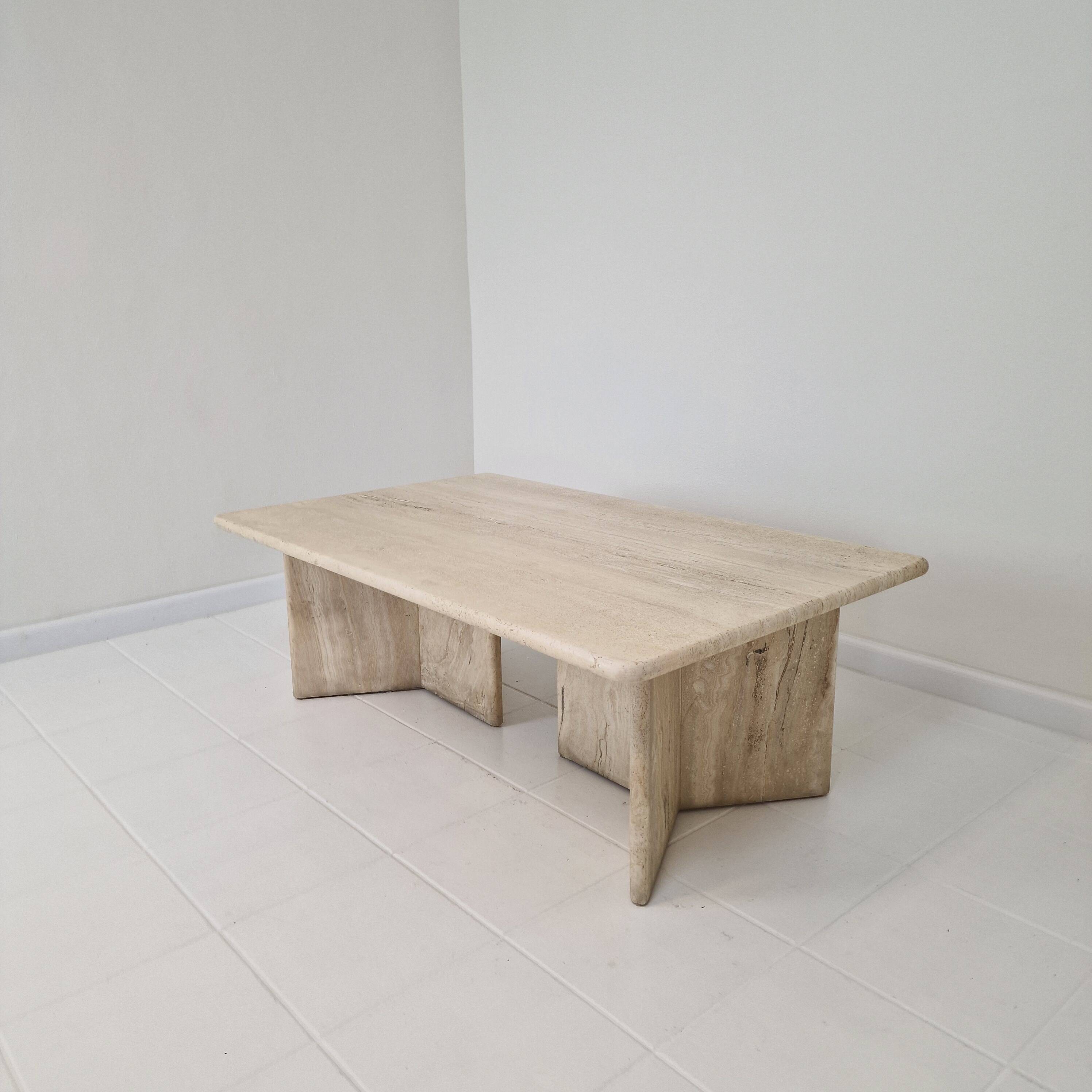 Robust Italian Travertine Coffee Table With two 3-leg Feet, 1980s