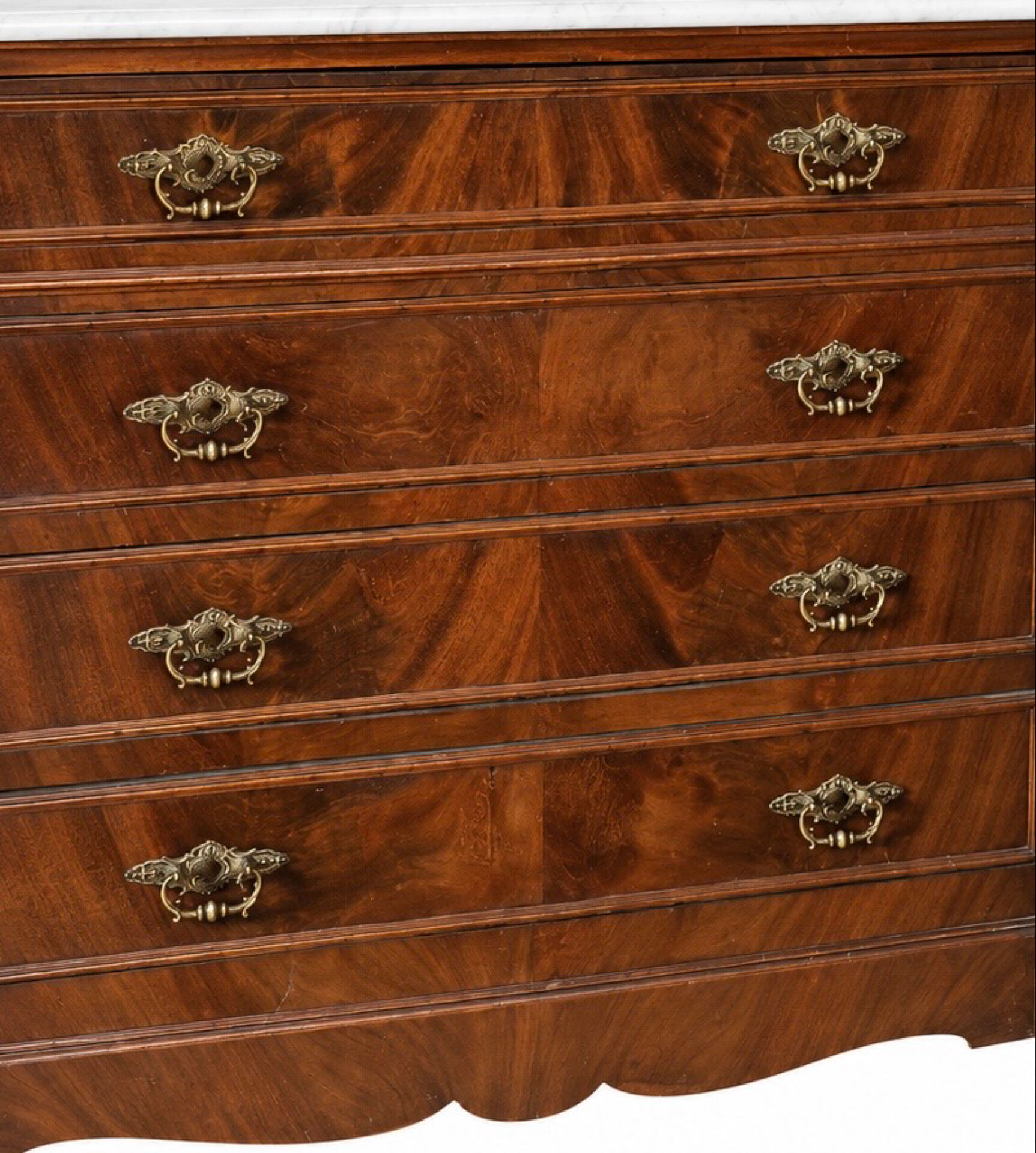 Antique Napoleon III commode in flame mahogany, with a white marble top.