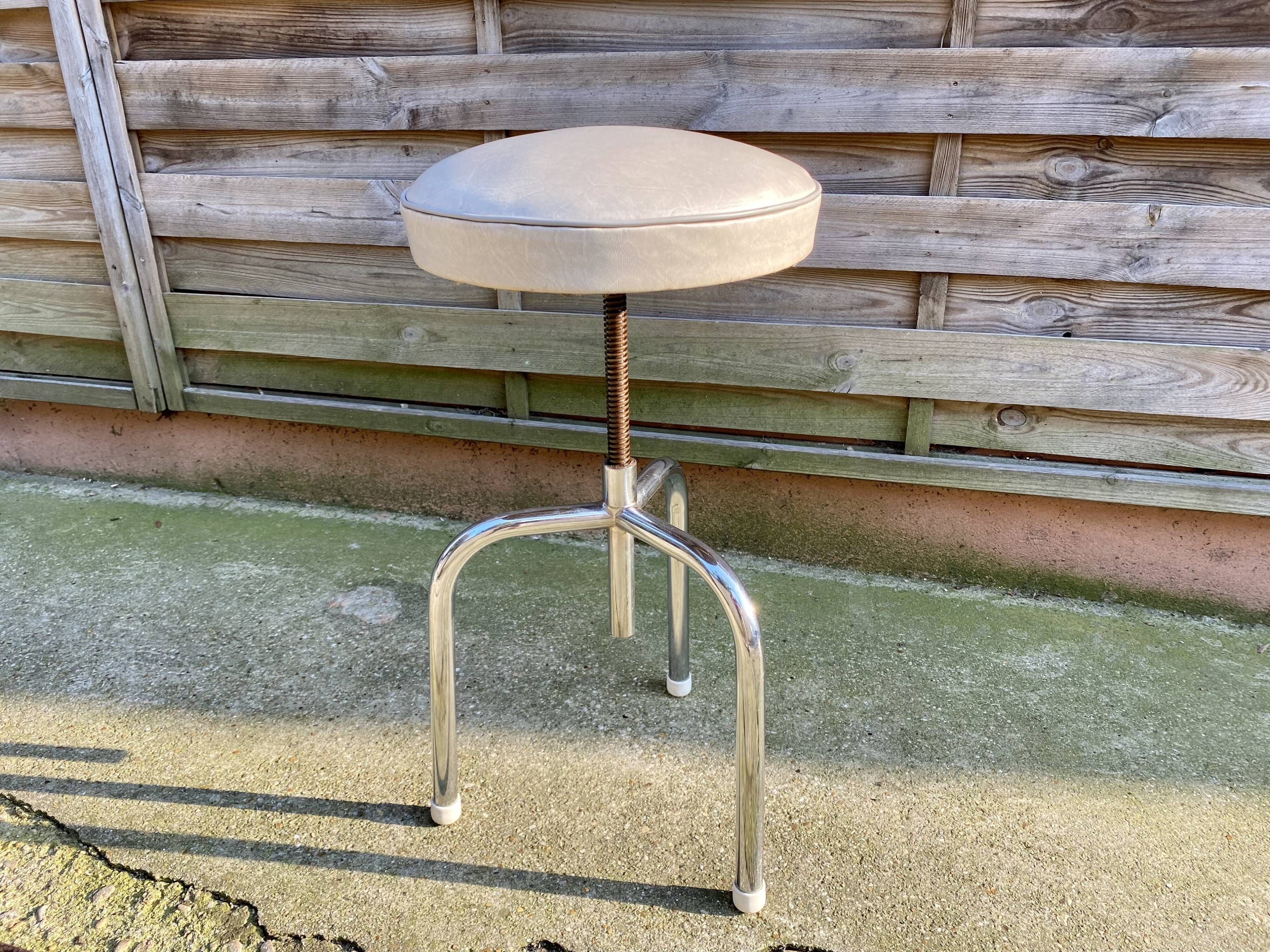 Stool tripod swivel workshop height adjustable skai & chrome vintage 60s