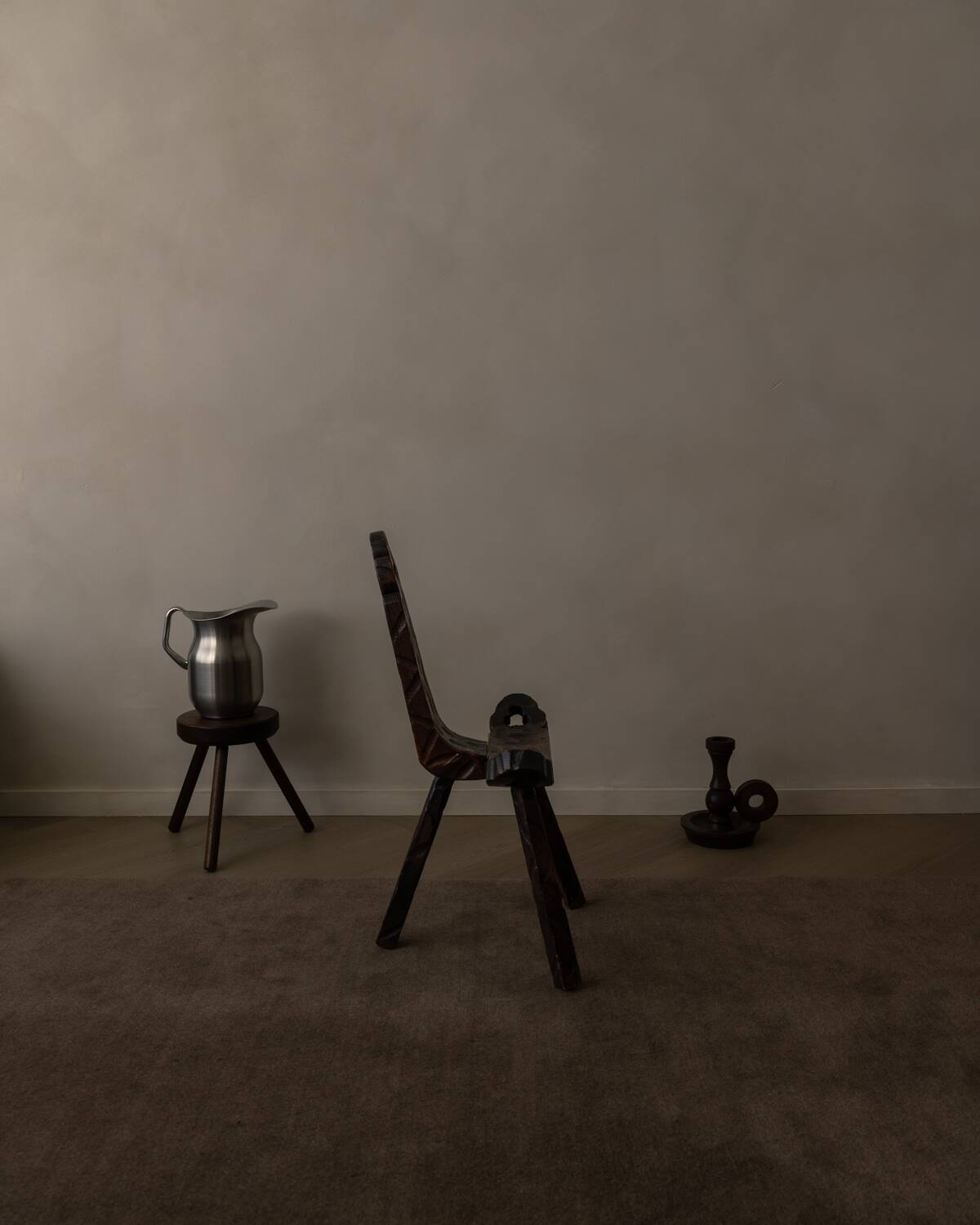 Spanish brutalist tripod chair in carved solid wood